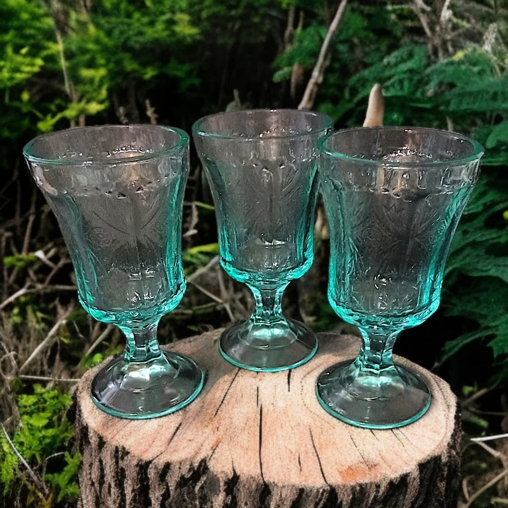 3 Indiana Glass‎ Recollection Goblet Glass Teal Aqua Vintage Beach Cottage House